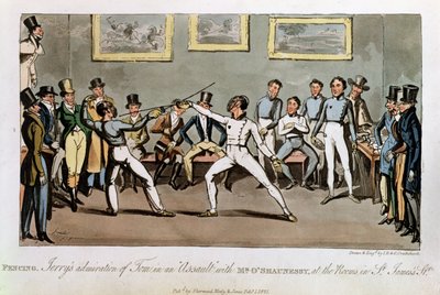 Esgrima: A admiração de Jerry por Tom em um &39;Assalto&39; com o Sr. O&39;Shaunessy, nos quartos da St. James&39;s Street, de &39;Life in London&39; de Pierce Egan, 1821 (colorido aquatint) de Isaac, Robert and George Cruikshank